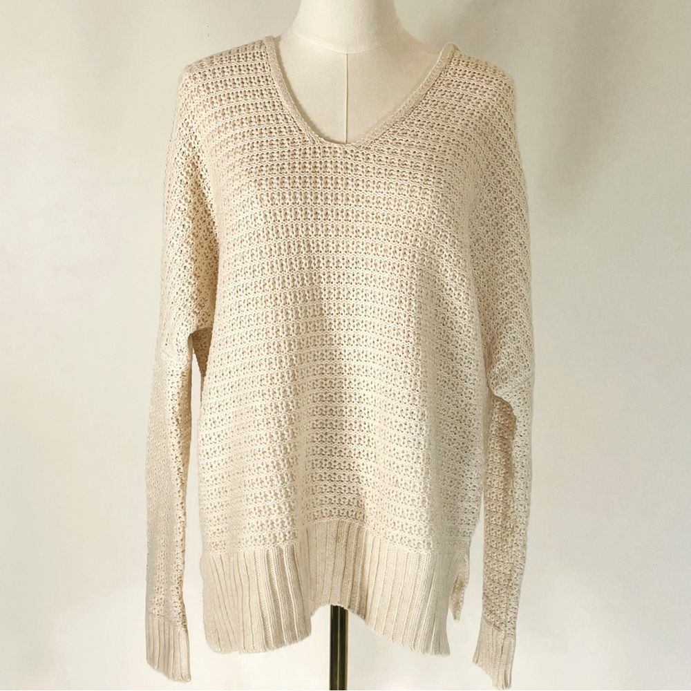 Rachel Zoe Light Tan Waffle V Neck Boho/Festival Sweater w Hoodie Size Small